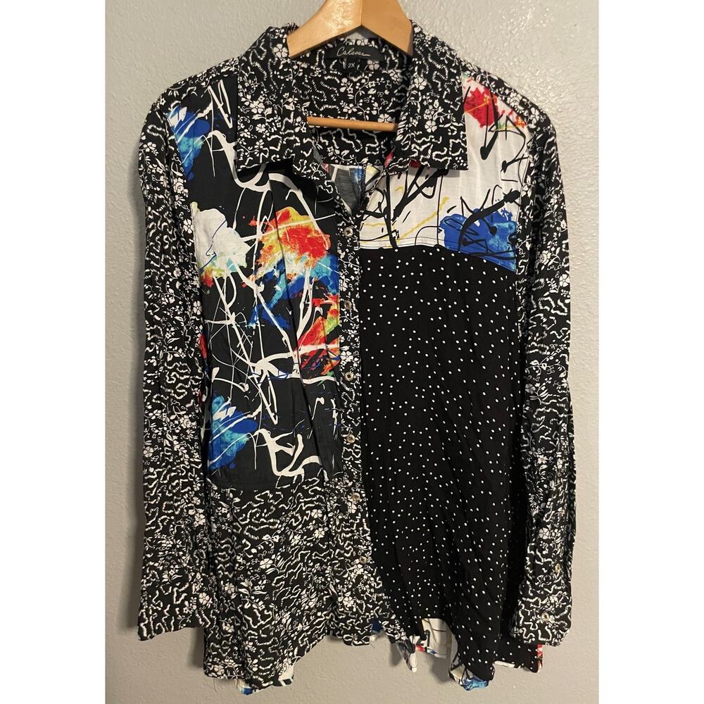 Calessa Tunic Top Womens 2X Multicolor Abstract Floral Button Up Artsy Boho